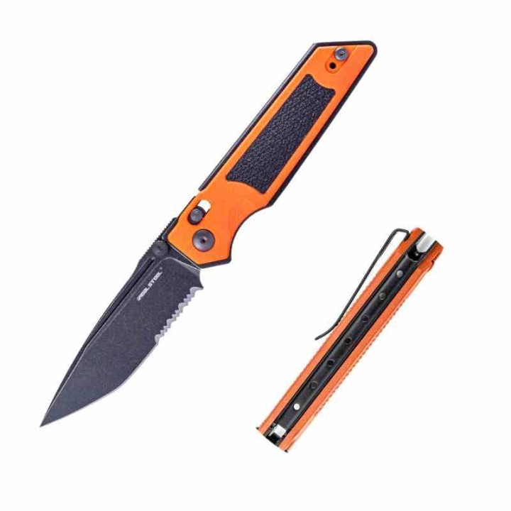 Couteau Real Steel Sacra TAC Manche G10 Orange/Noir Lame Tanto Acier K110 Black Slide Lock KIVT RS7713OB - Livraison Gratuite