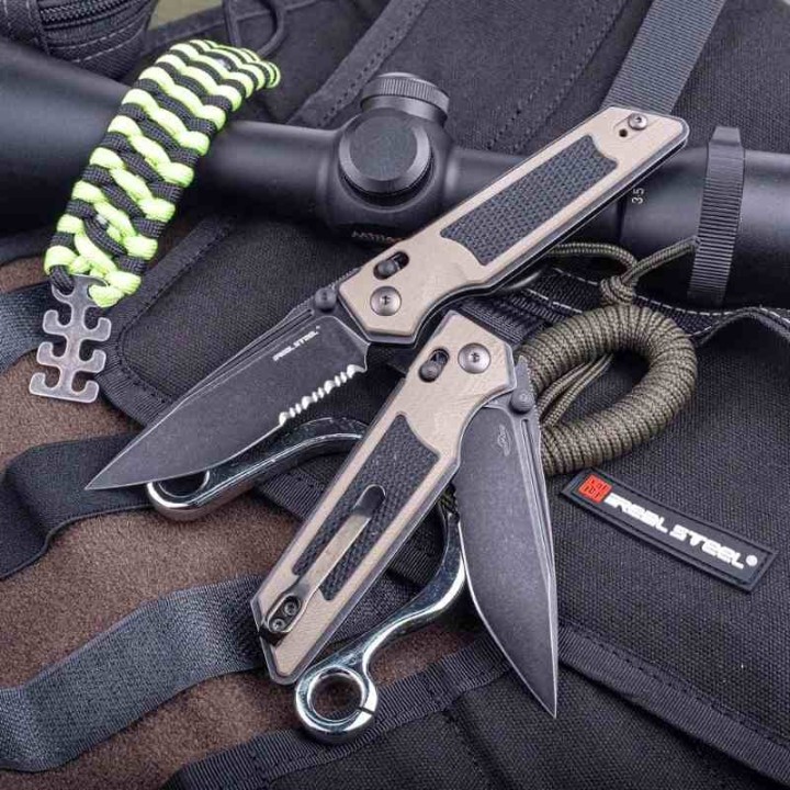 Couteau Real Steel Sacra TAC Manche G10 Tan/Noir Lame Tanto Acier K110 Black Slide Lock KIVT RS7713CB - Livraison Gratuite