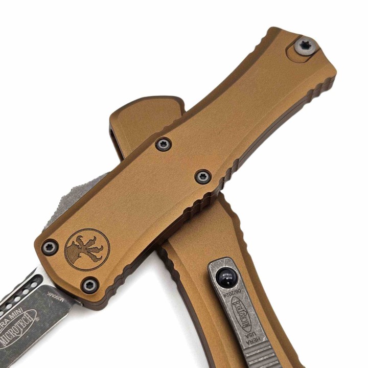 Couteau Microtech Hera II Mini Recurve OTF Automatique Lame Acier M390MK Manche Tan USA MCT1705M10APTA - Livraison Gratuite 