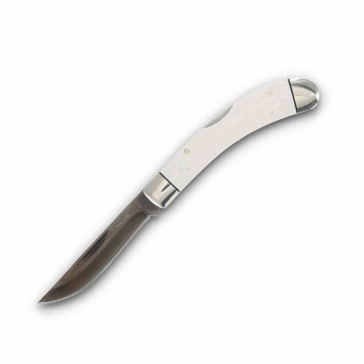Couteau Rough Rider Tuxedo Slip Joint Bow Trapper Lame Clip Point Acier 440 Manche Micarta Blanc RR2665 - Livraison Gratuite