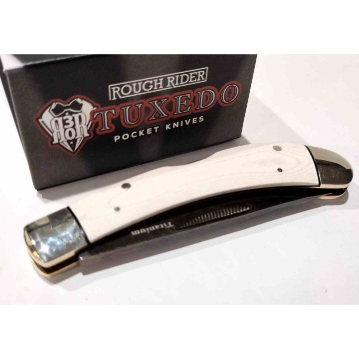 Couteau Rough Rider Tuxedo Slip Joint Bow Trapper Lame Clip Point Acier 440 Manche Micarta Blanc RR2665 - Livraison Gratuite