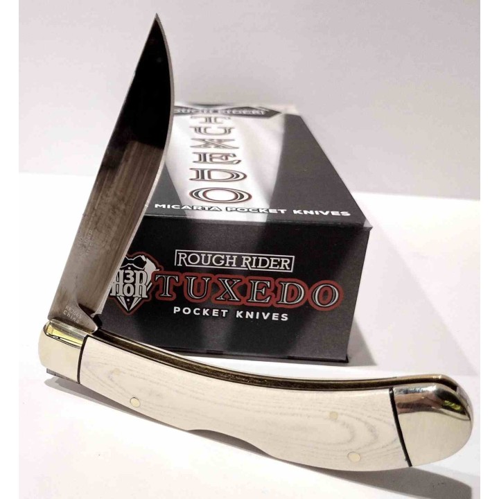 Couteau Rough Rider Tuxedo Slip Joint Bow Trapper Lame Clip Point Acier 440 Manche Micarta Blanc RR2665 - Livraison Gratuite