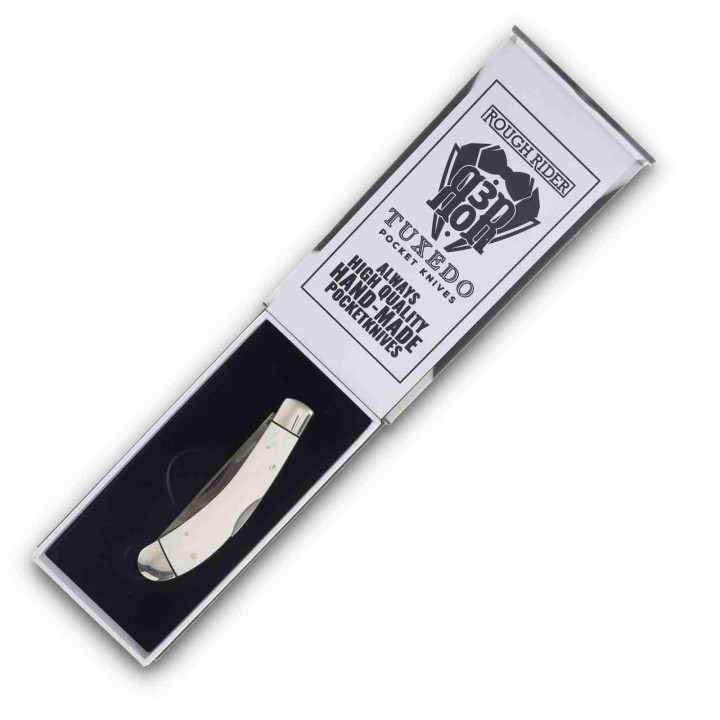 Couteau Rough Rider Tuxedo Slip Joint Bow Trapper Lame Clip Point Acier 440 Manche Micarta Blanc RR2665 - Livraison Gratuite