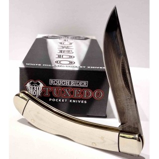 Couteau Rough Rider Tuxedo Slip Joint Bow Trapper Lame Clip Point Acier 440 Manche Micarta Blanc RR2665 - Livraison Gratuite