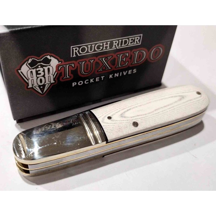 Couteau Rough Ryder Tuxedo Slip Joint Barlow Double Lame Clip/Pen Acier 440 Manche Micarta Blanc RR2669 - Livraison Gratuite