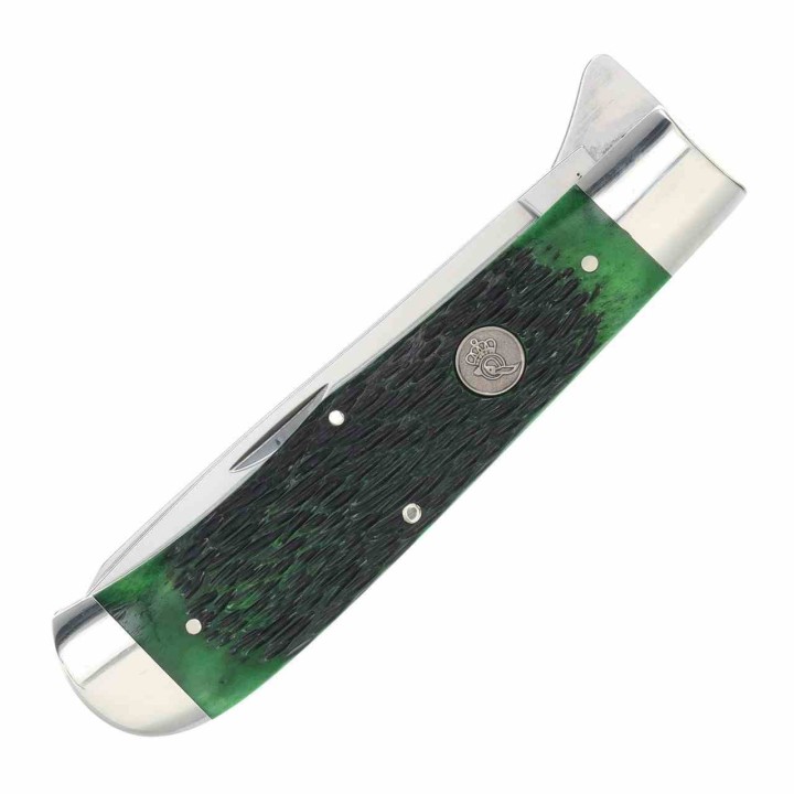 Couteau Queen Cutlery Lames Clip/Spey Acier Carbone 1095 Manche Os Jigged Vert Linerlock USA QGPSB206L - Livraison Gratuite 