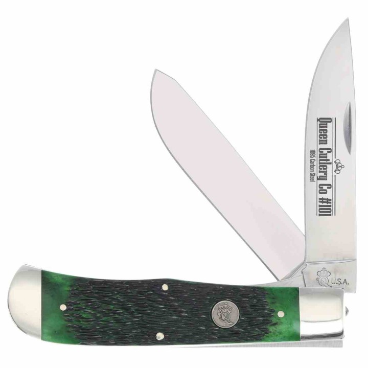 Couteau Queen Cutlery Lames Clip/Spey Acier Carbone 1095 Manche Os Jigged Vert Linerlock USA QGPSB206L - Livraison Gratuite 