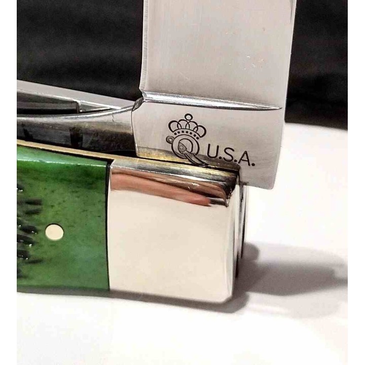 Couteau Queen Cutlery Lames Clip/Spey Acier Carbone 1095 Manche Os Jigged Vert Linerlock USA QGPSB206L - Livraison Gratuite 