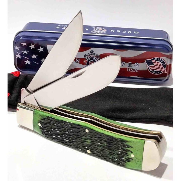 Couteau Queen Cutlery Lames Clip/Spey Acier Carbone 1095 Manche Os Jigged Vert Linerlock USA QGPSB206L - Livraison Gratuite 