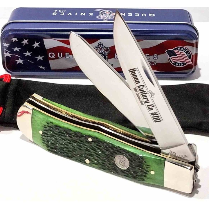 Couteau Queen Cutlery Lames Clip/Spey Acier Carbone 1095 Manche Os Jigged Vert Linerlock USA QGPSB206L - Livraison Gratuite 