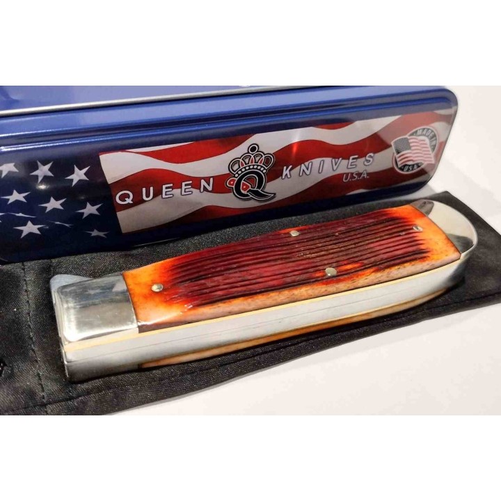Couteau Queen Cutlery Lame Clip/Spey Acier Carbone 1095HC Manche Os Amber Winter Linerlock USA QAWB206L - Livraison Gratuite 
