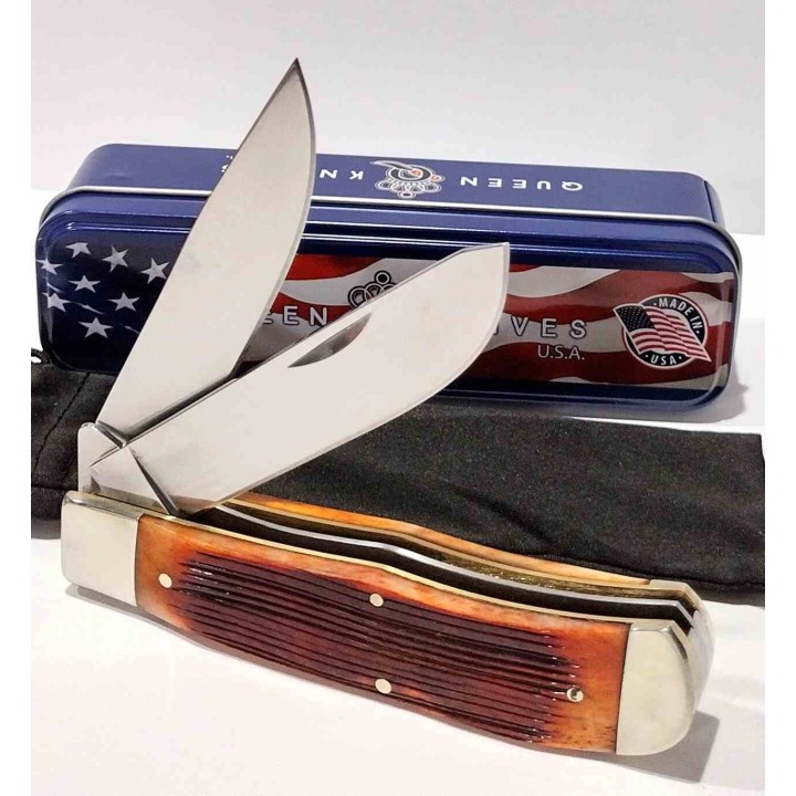 Couteau Queen Cutlery Lame Clip/Spey Acier Carbone 1095HC Manche Os Amber Winter Linerlock USA QAWB206L - Livraison Gratuite 