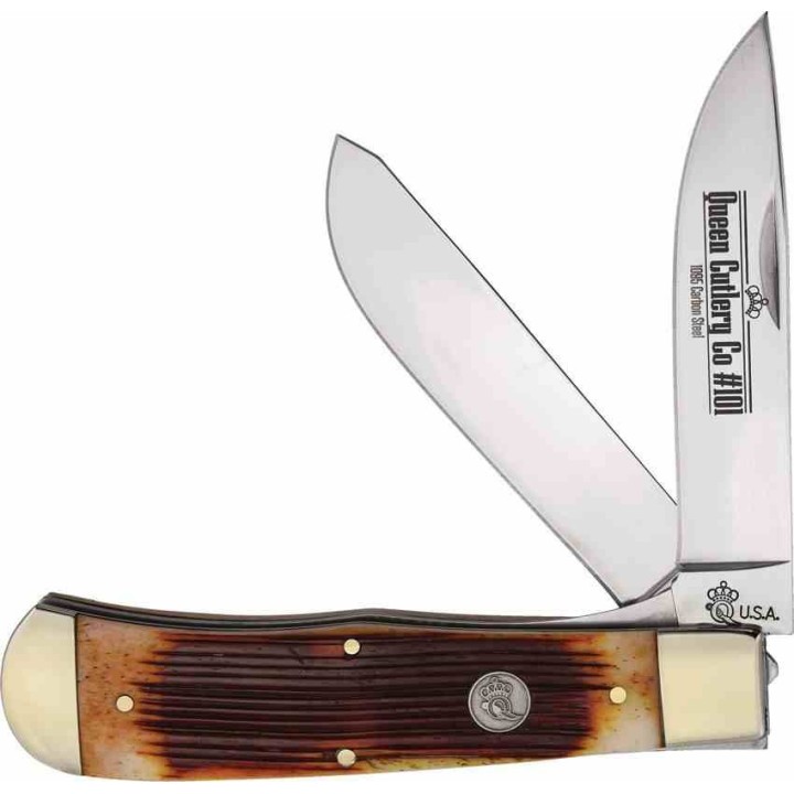 Couteau Queen Cutlery Lame Clip/Spey Acier Carbone 1095HC Manche Os Amber Winter Linerlock USA QAWB206L - Livraison Gratuite 