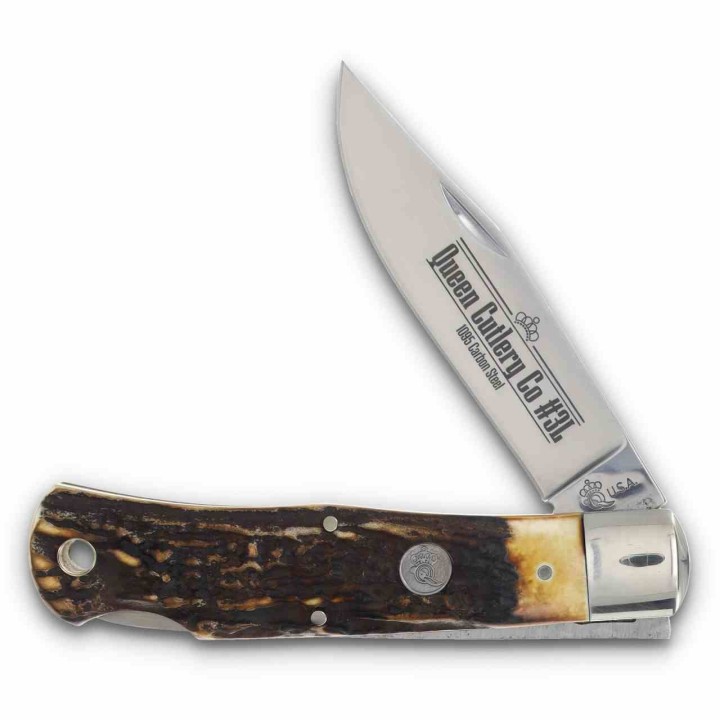 Couteau Queen Cutlery Lame Clip Point Acier Carbone 1095 Manche Bois Cerf Backlock USA QGSH106 - Livraison Gratuite