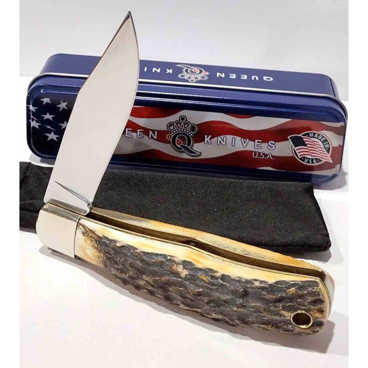 Couteau Queen Cutlery Lame Clip Point Acier Carbone 1095 Manche Bois Cerf Backlock USA QGSH106 - Livraison Gratuite