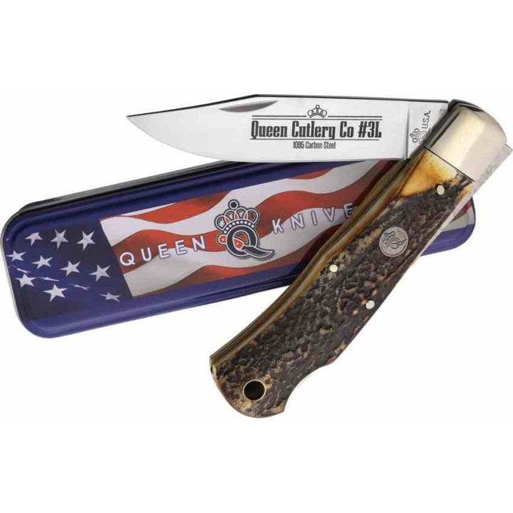 Couteau Queen Cutlery Lame Clip Point Acier Carbone 1095 Manche Bois Cerf Backlock USA QGSH106 - Livraison Gratuite