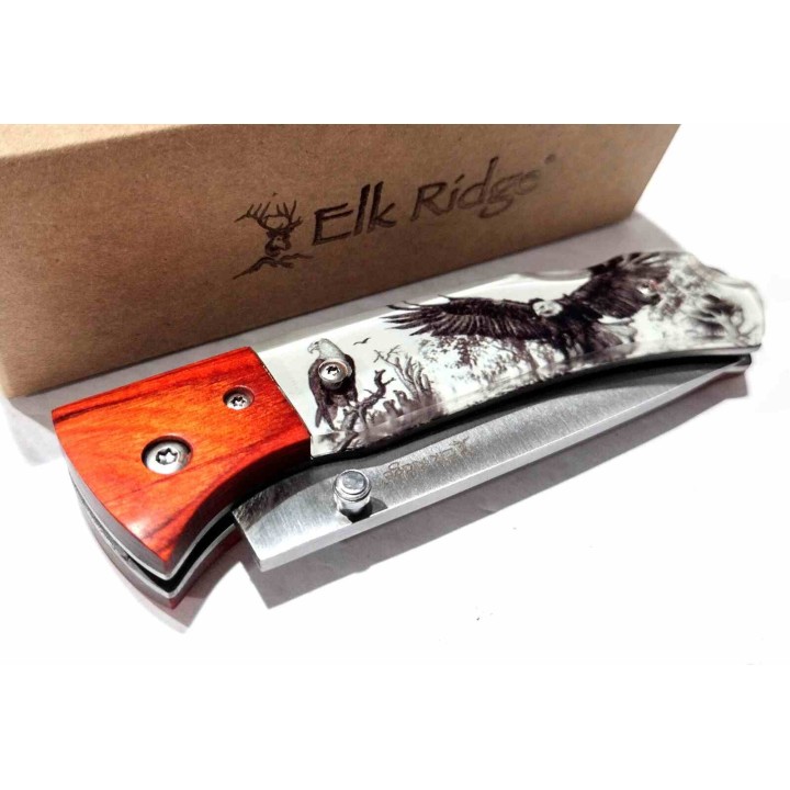 Couteau Elk Ridge Eagle Lame Drop Point Acier 3Cr13 Manche Acrylique/Bois Lockback ER2012EA - Livraison Gratuite
