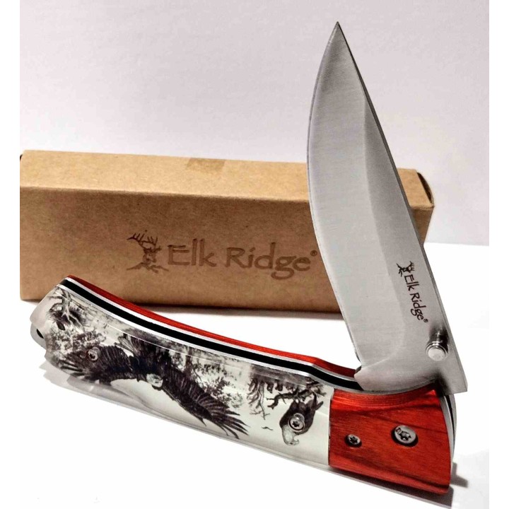 Couteau Elk Ridge Eagle Lame Drop Point Acier 3Cr13 Manche Acrylique/Bois Lockback ER2012EA - Livraison Gratuite