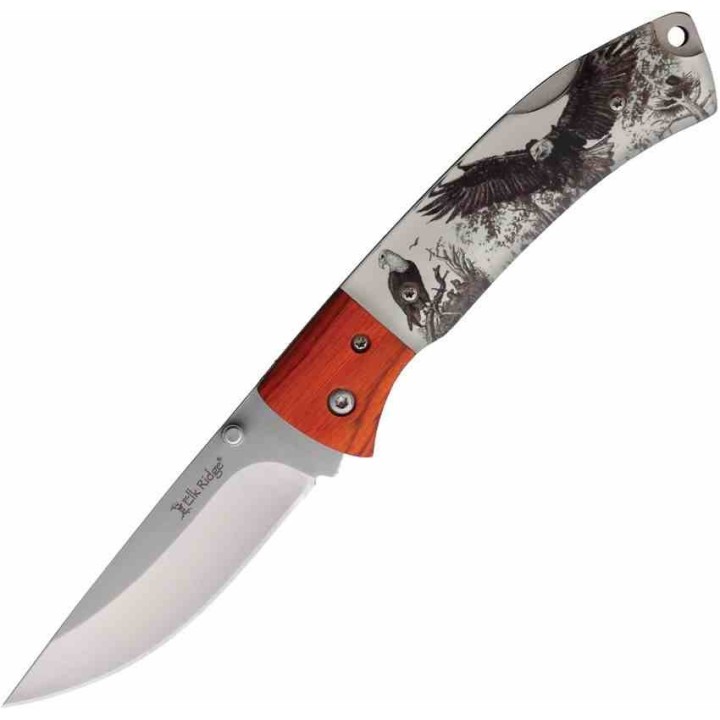Couteau Elk Ridge Eagle Lame Drop Point Acier 3Cr13 Manche Acrylique/Bois Lockback ER2012EA - Livraison Gratuite