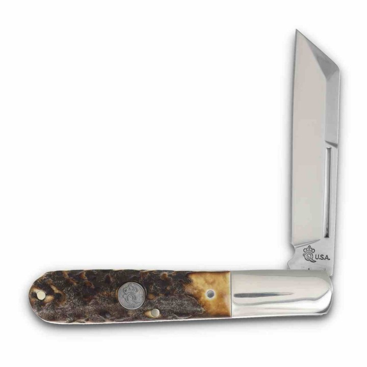 Couteau Queen Cutlery Barlow Lame Sheepsfoot Acier Carbone 1095 Manche Bois de Cerf Slip Joint USA QGSH180 - Livraison Gratuite 
