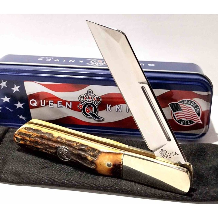 Couteau Queen Cutlery Barlow Lame Sheepsfoot Acier Carbone 1095 Manche Bois de Cerf Slip Joint USA QGSH180 - Livraison Gratuite 