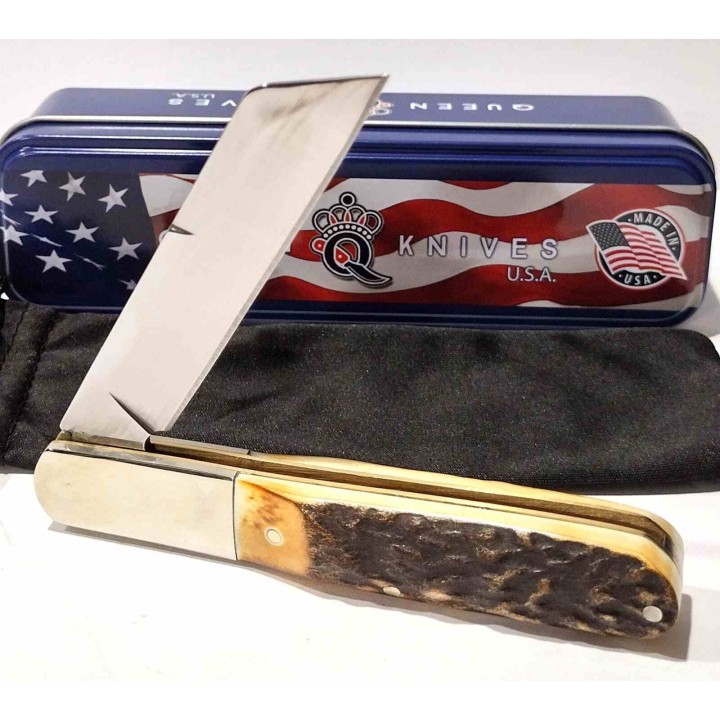 Couteau Queen Cutlery Barlow Lame Sheepsfoot Acier Carbone 1095 Manche Bois de Cerf Slip Joint USA QGSH180 - Livraison Gratuite 