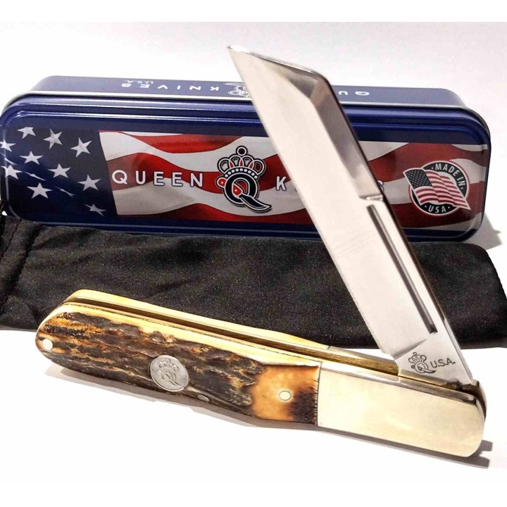 Couteau Queen Cutlery Barlow Lame Sheepsfoot Acier Carbone 1095 Manche Bois de Cerf Slip Joint USA QGSH180 - Livraison Gratuite 