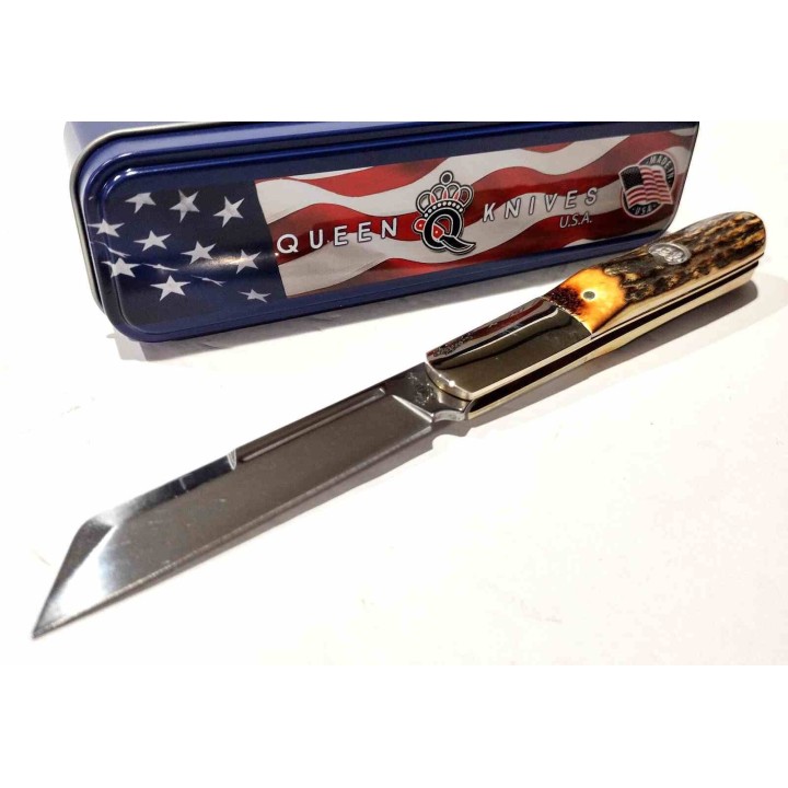 Couteau Queen Cutlery Barlow Lame Sheepsfoot Acier Carbone 1095 Manche Bois de Cerf Slip Joint USA QGSH180 - Livraison Gratuite 