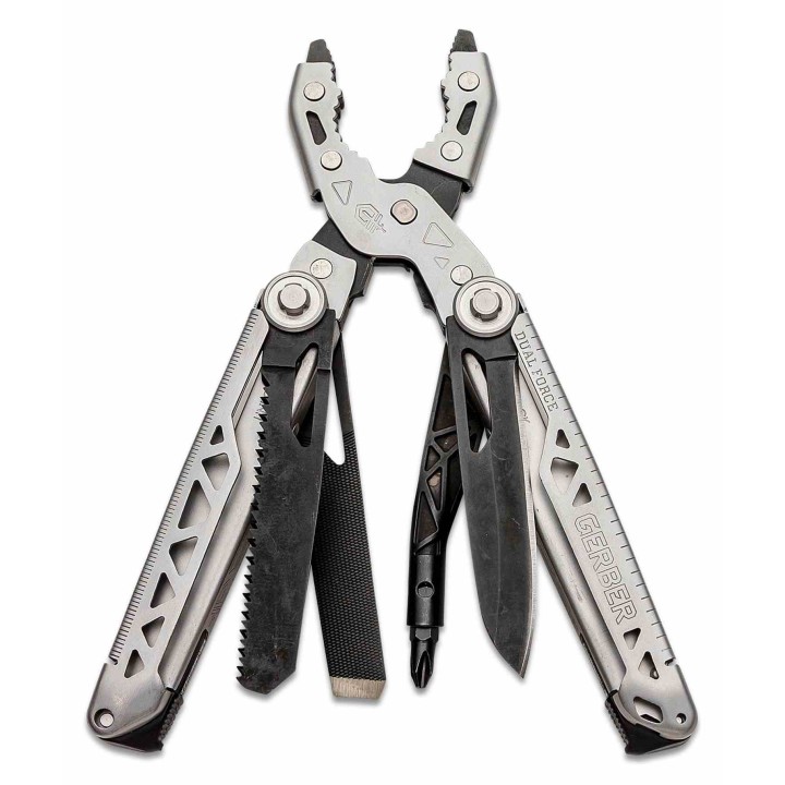 Pince Outil Multifonction Gerber Dual-Force Lame Acier Argent et Noir Tournevis Scie Etui Tissu G1721 - Livraison Gratuite