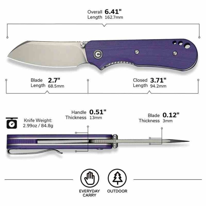 Couteau CIVIVI Crabby Purple Lame Sheepsfoot Acier 14C28N Manche G10 KIVT Linerlock CIVC240552 - Livraison Gratuite