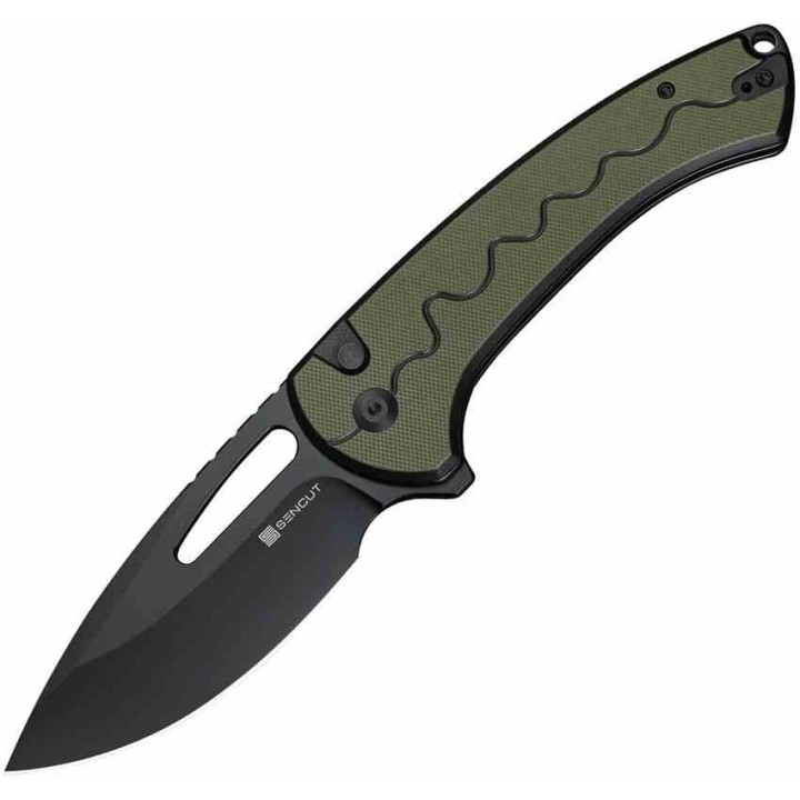 Couteau SENCUT Squiggy Green Lame Drop Point Acier 9Cr18MoV Manche G10 KIVT Button Lock S24082A2 - Livraison Gratuite