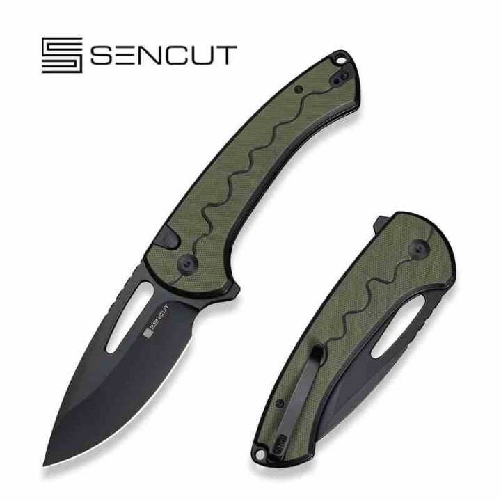 Couteau SENCUT Squiggy Green Lame Drop Point Acier 9Cr18MoV Manche G10 KIVT Button Lock S24082A2 - Livraison Gratuite