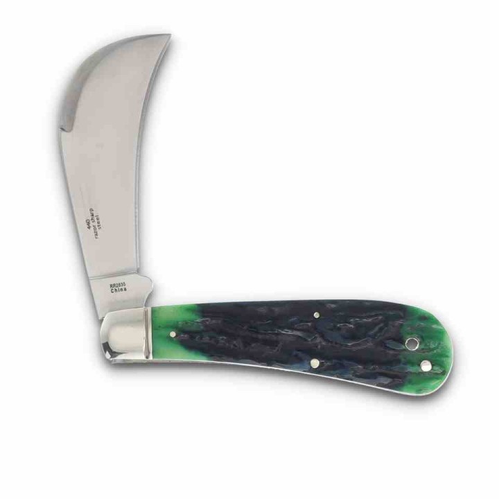 Couteau Serpette Rough Rider Bluegill Hawkbill Lame Acier 440 Manche Os Bleu/Vert Slip Joint RR2635 - Livraison Gratuite