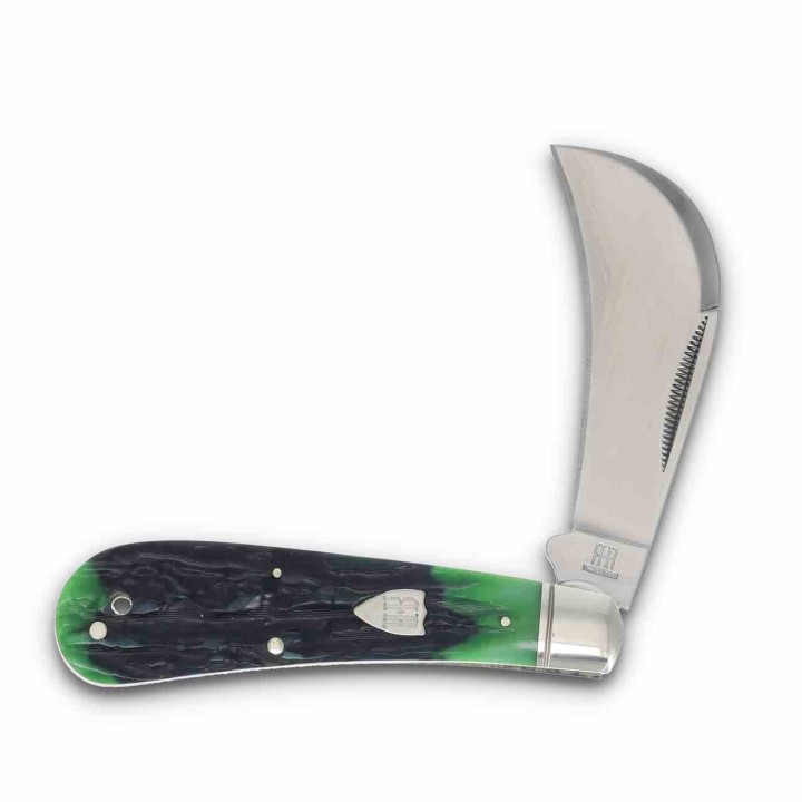 Couteau Serpette Rough Rider Bluegill Hawkbill Lame Acier 440 Manche Os Bleu/Vert Slip Joint RR2635 - Livraison Gratuite