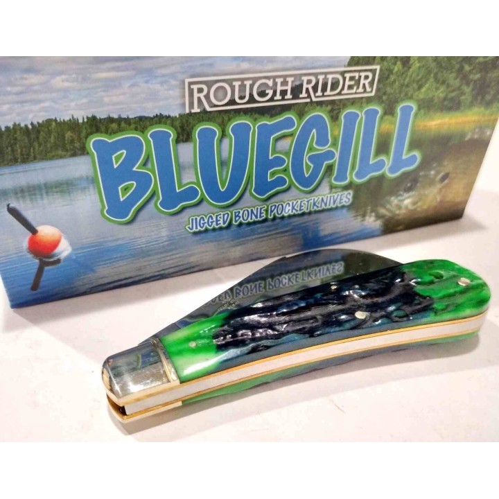 Couteau Serpette Rough Rider Bluegill Hawkbill Lame Acier 440 Manche Os Bleu/Vert Slip Joint RR2635 - Livraison Gratuite
