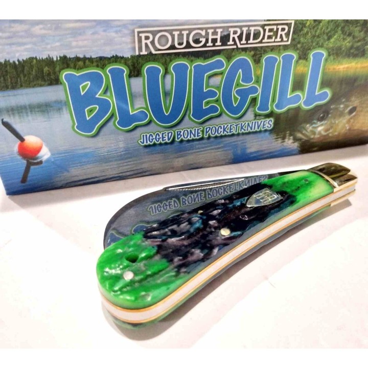 Couteau Serpette Rough Rider Bluegill Hawkbill Lame Acier 440 Manche Os Bleu/Vert Slip Joint RR2635 - Livraison Gratuite