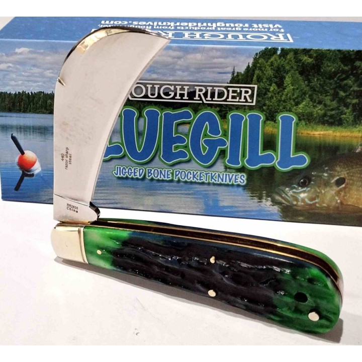 Couteau Serpette Rough Rider Bluegill Hawkbill Lame Acier 440 Manche Os Bleu/Vert Slip Joint RR2635 - Livraison Gratuite