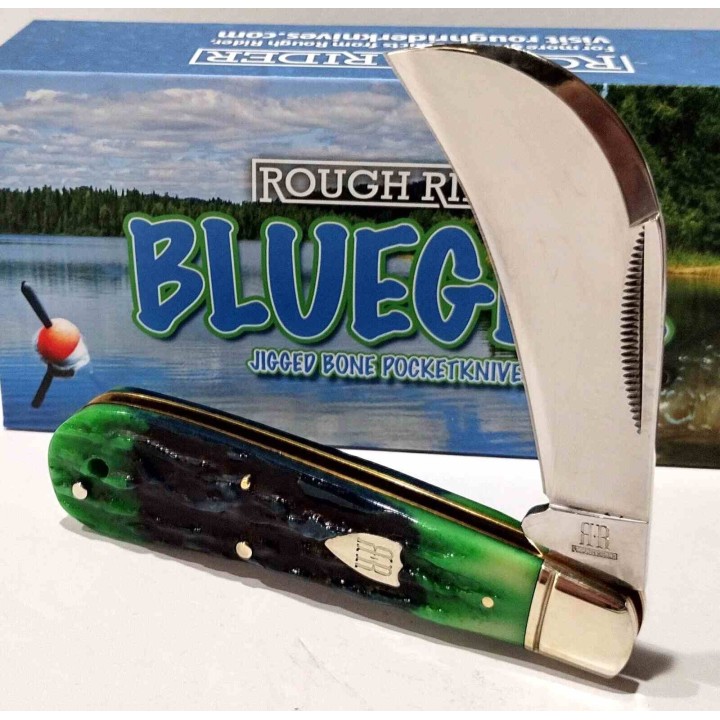 Couteau Serpette Rough Rider Bluegill Hawkbill Lame Acier 440 Manche Os Bleu/Vert Slip Joint RR2635 - Livraison Gratuite