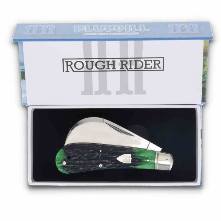 Couteau Serpette Rough Rider Bluegill Hawkbill Lame Acier 440 Manche Os Bleu/Vert Slip Joint RR2635 - Livraison Gratuite