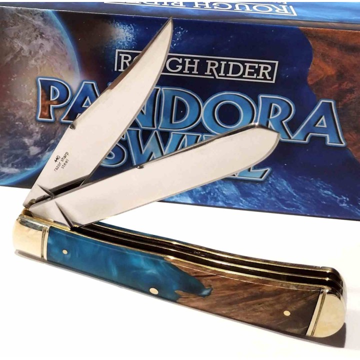 Couteau Rough Rider Pandora Swirl Trapper Lames Clip Point Spey Acier 440 Manche Bois et Résine RR2656 -  Livraison Gratuite