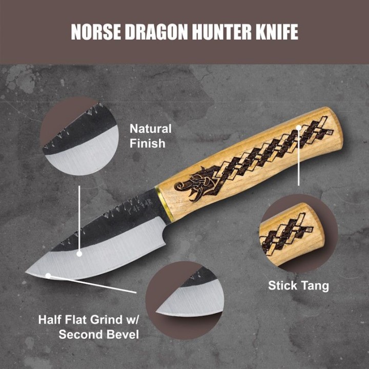 Couteau Condor Norse Dragon Hunter Lame Acier 14C28N Manche Hickory Étui Cuir Salvador CTK102238SK - Livraison Gratuite