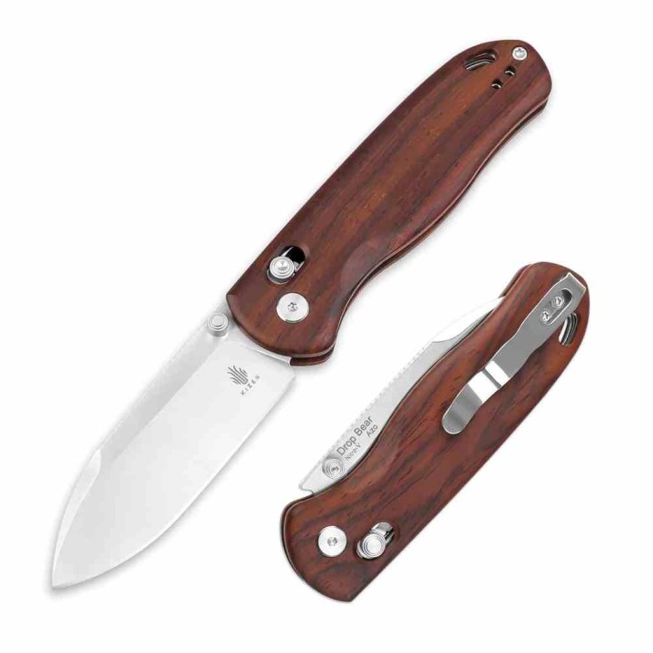 Couteau Kizer Drop Bear Clutch Lock Lame Acier Nitro-V Manche Bois Mkuluti Clip KIV3619A6 - Livraison Gratuite