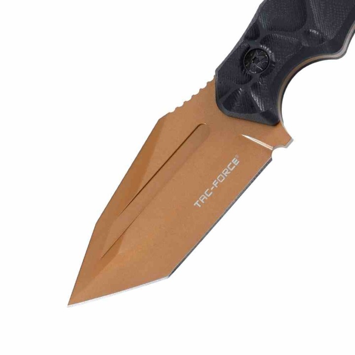 Couteau Tactique Tac Force Lame Fixe Tanto Acier 3Cr13MoV Bronze Manche Nylon Noir Étui Nylon TFFIX121BNZ - Livraison Gratuite