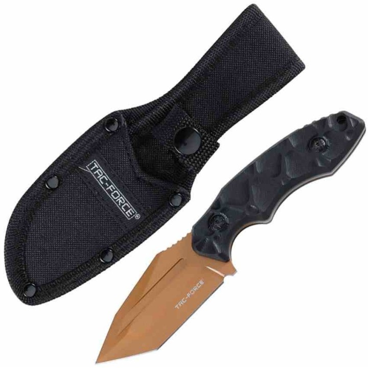 Couteau Tactique Tac Force Lame Fixe Tanto Acier 3Cr13MoV Bronze Manche Nylon Noir Étui Nylon TFFIX121BNZ - Livraison Gratuite