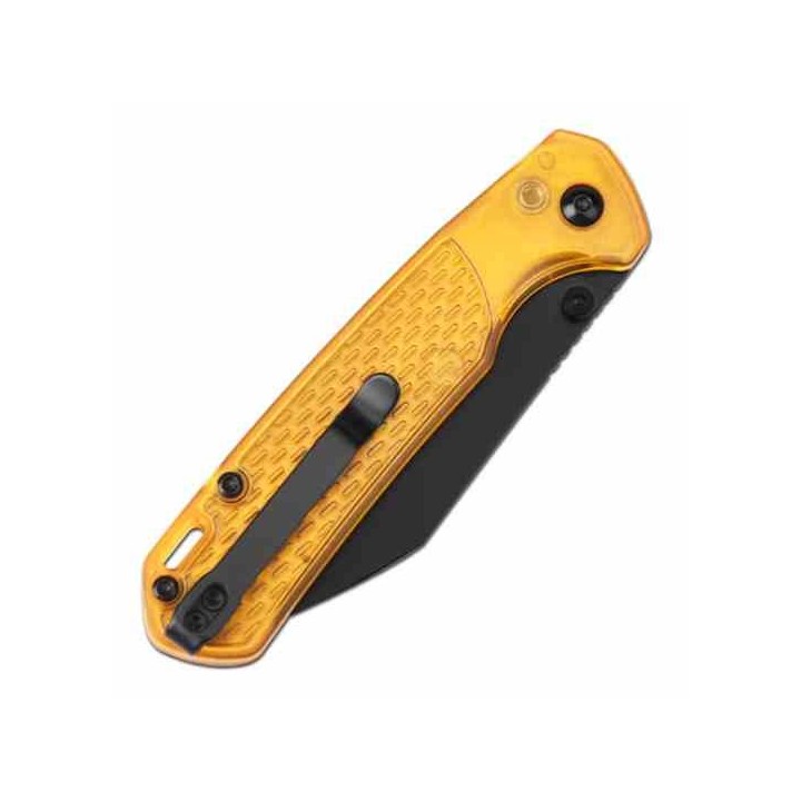 Couteau CJRB Cutlery Pyrite-Light Acier AR-RPM9 Manche FRN Ambre Bouton Lock KIVT J1945AMB - Livraison Gratuite