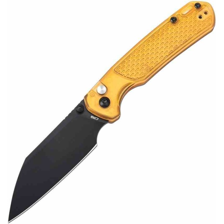 Couteau CJRB Cutlery Pyrite-Light Acier AR-RPM9 Manche FRN Ambre Bouton Lock KIVT J1945AMB - Livraison Gratuite