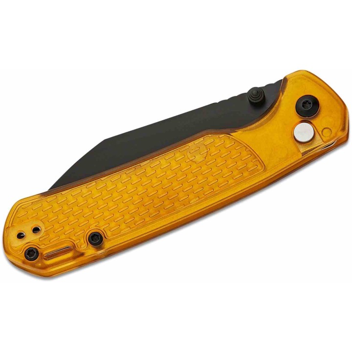 Couteau CJRB Cutlery Pyrite-Light Acier AR-RPM9 Manche FRN Ambre Bouton Lock KIVT J1945AMB - Livraison Gratuite