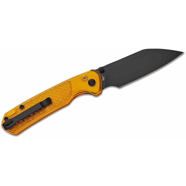 Couteau CJRB Cutlery Pyrite-Light Acier AR-RPM9 Manche FRN Ambre Bouton Lock KIVT J1945AMB - Livraison Gratuite
