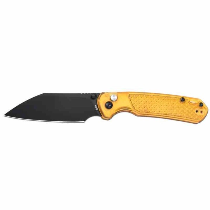 Couteau CJRB Cutlery Pyrite-Light Acier AR-RPM9 Manche FRN Ambre Bouton Lock KIVT J1945AMB - Livraison Gratuite