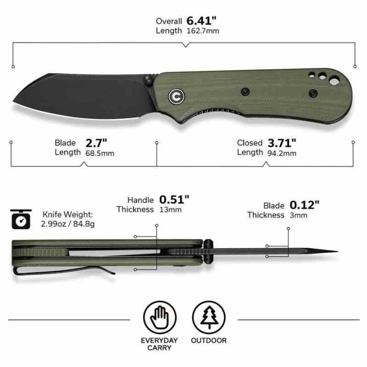 Couteau CIVIVI Crabby Od Green Acier 14C28N Manche G10 Liner Lock KIVT Clip CIVC240551 - Livraison Gratuite